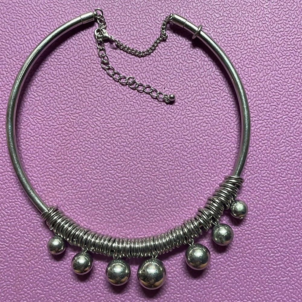 Statement Silver Tone Choker Ball Beads Dangle Collar Necklace Boho Bold Vtg